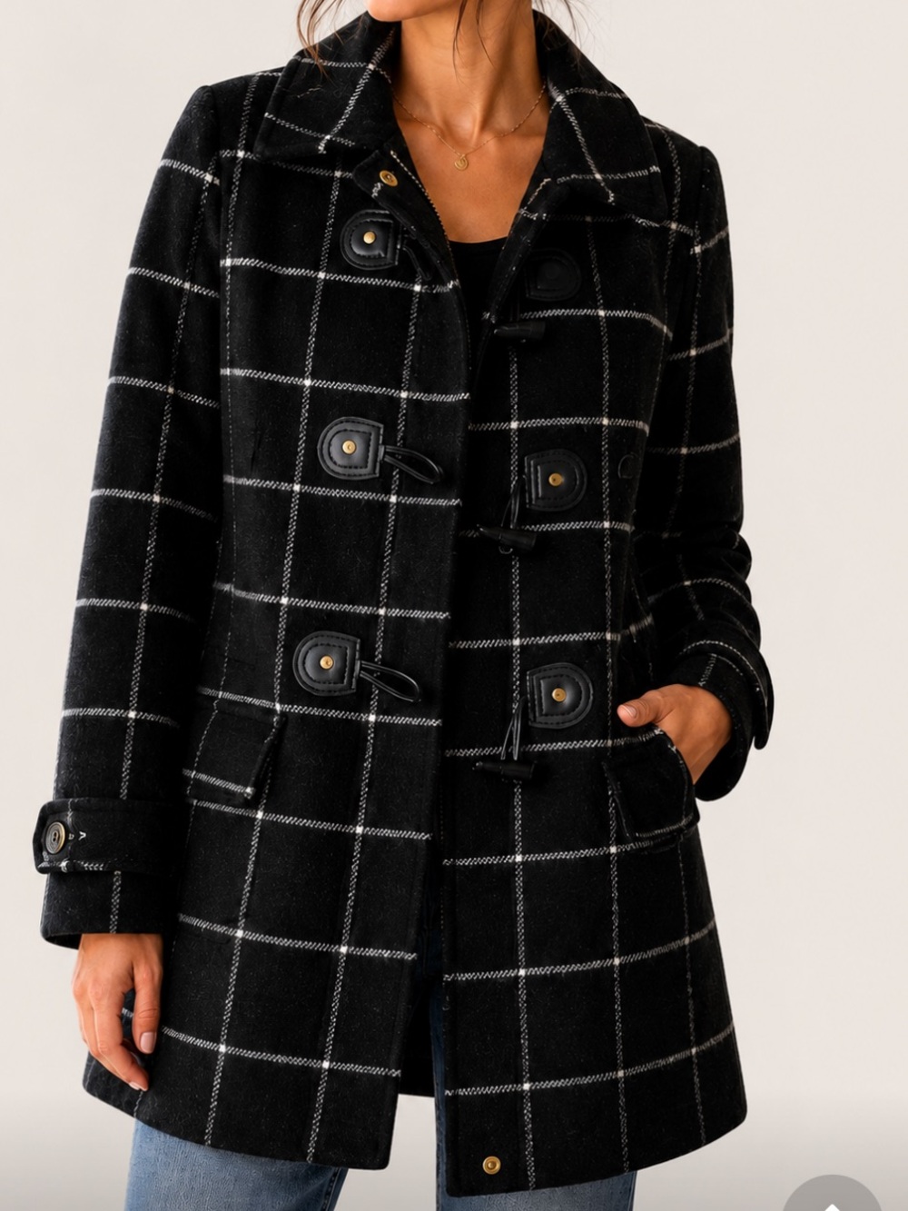 Michael by Michael Kors black wool blend  plaid toggle pea coat sz 2